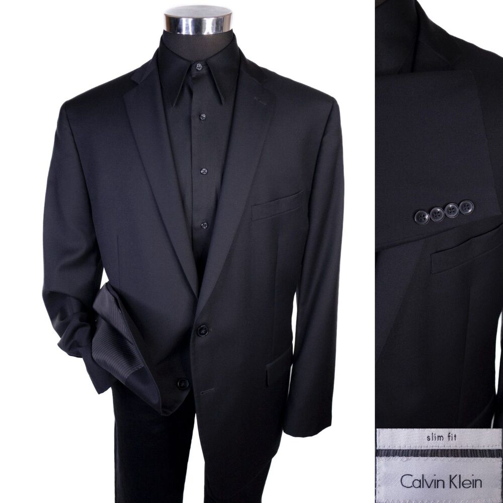 Calvin Klein Slim 46R Wool Solid Black 2 Button Blazer Jacket Sport Coat